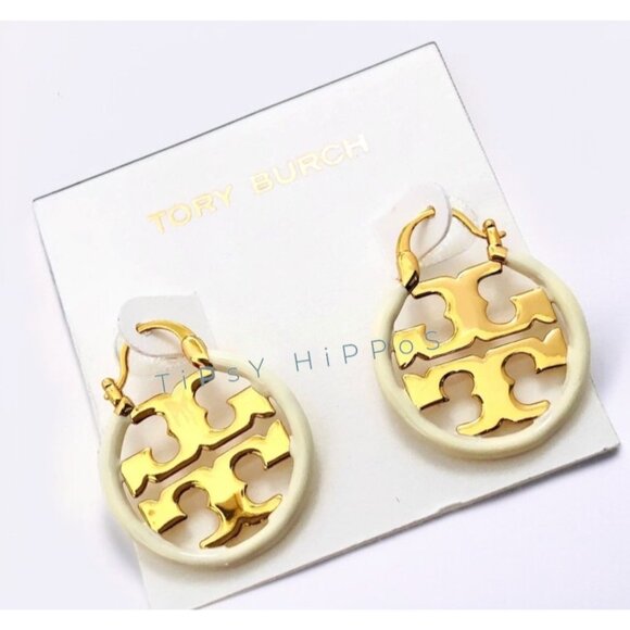 Tory Blue White Enamel and Gold Miller Logo Hoop Earrings - Picture 2 of 3